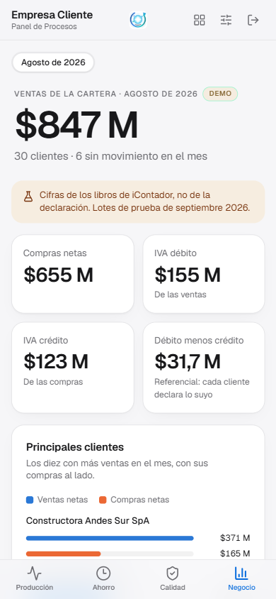 Vista de negocio con datos de demostración: ventas de la cartera y principales clientes con nombres ficticios.